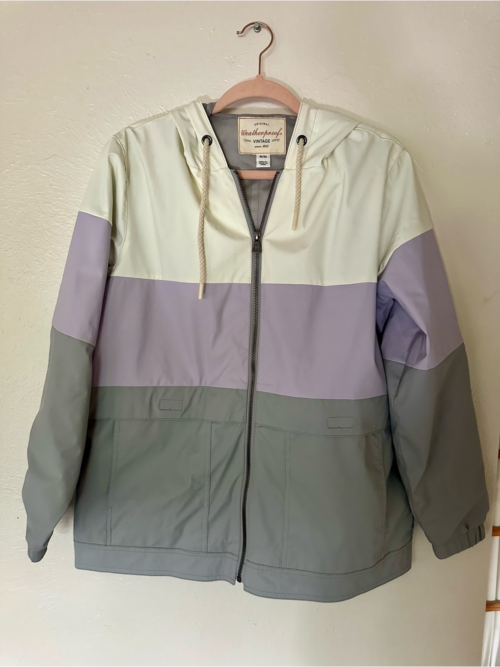 Weatherproof Three-Tone Hooded Snow Jacket in Cream, Lavender & Sage